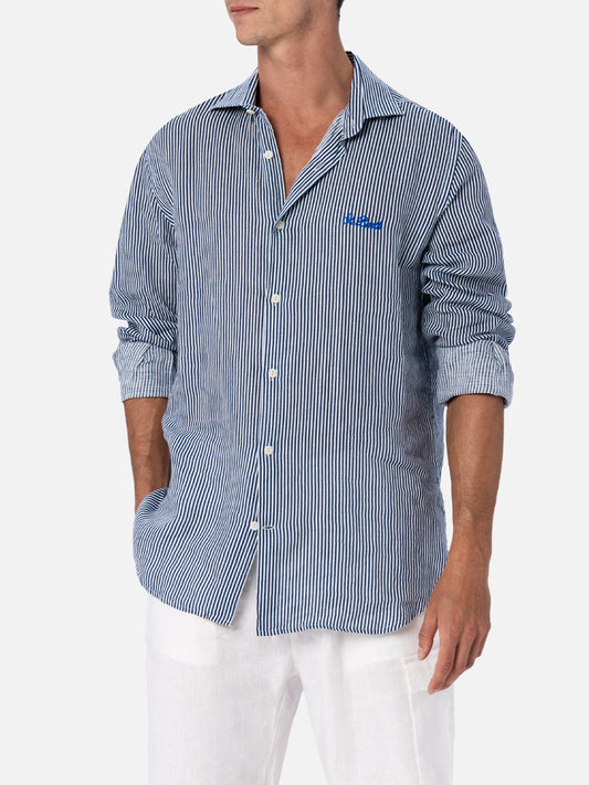 Man navy blue striped linen shirt Pamplona