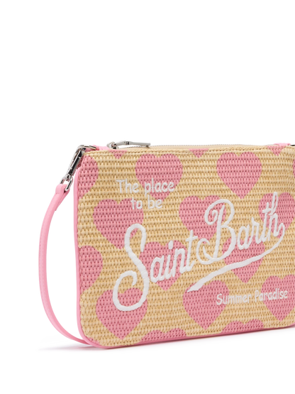 Parisienne Straw effect pouch bag with hearts print