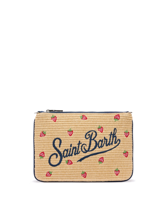 Parisienne Straw effect pouch bag with strawberry print