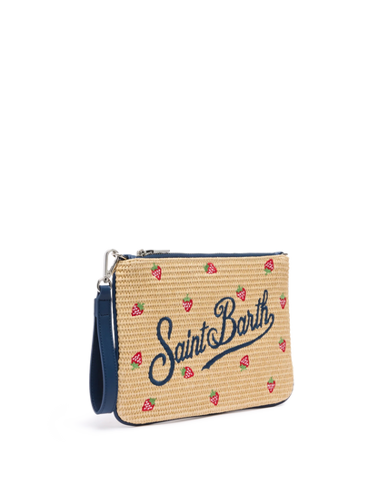 Parisienne Straw effect pouch bag with strawberry print