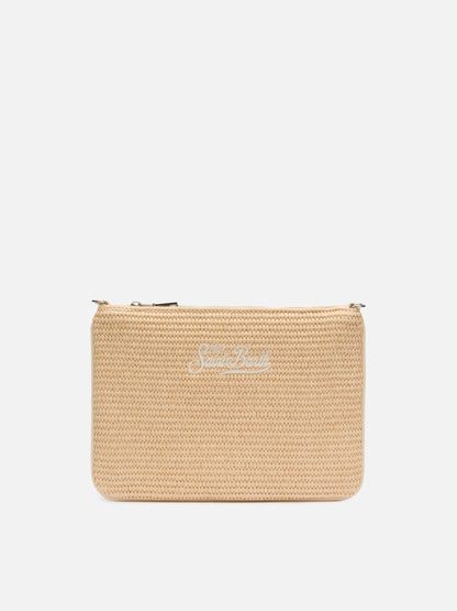 Parisienne Straw effect pouch bag with embroidered logo