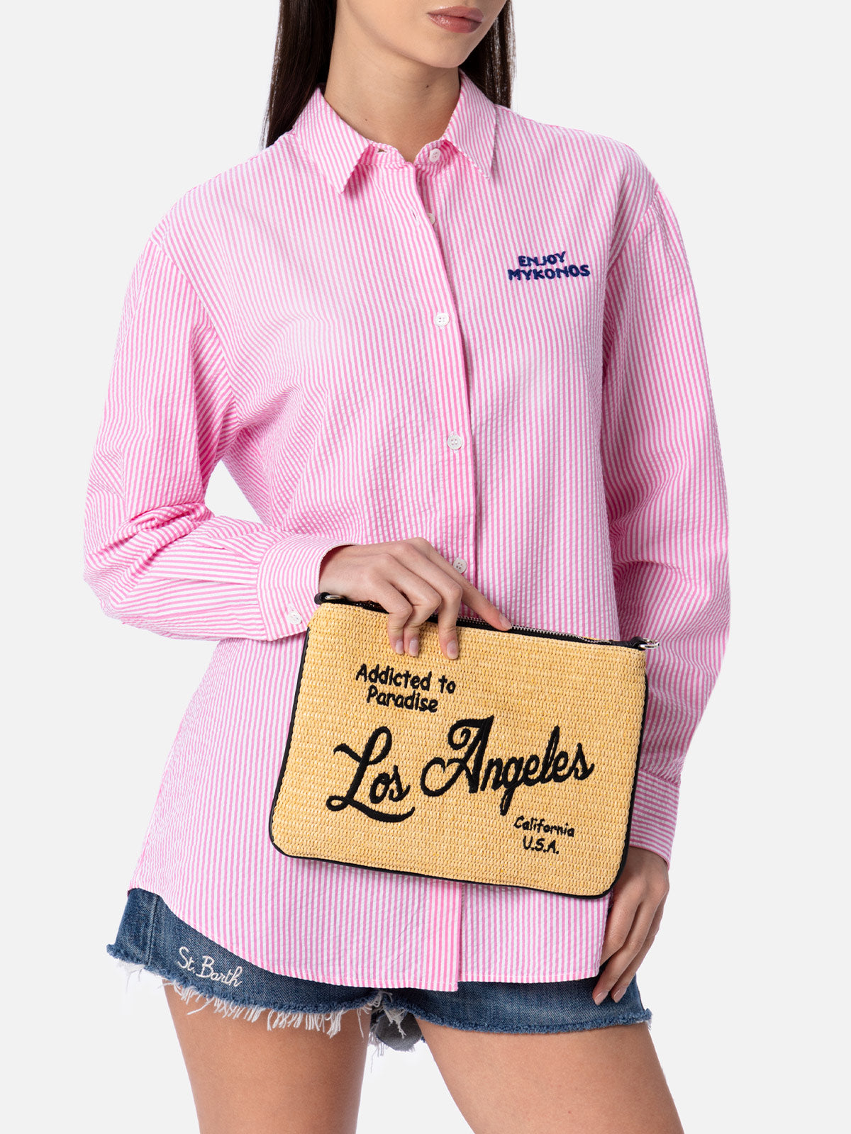 Parisienne Straw pochette with Los Angeles embroidery - MC2 Saint Barth