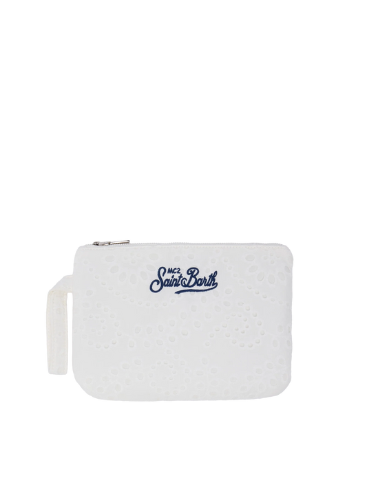 White Sangallo lace Pareasy pochette with Saint Barth logo embroidery