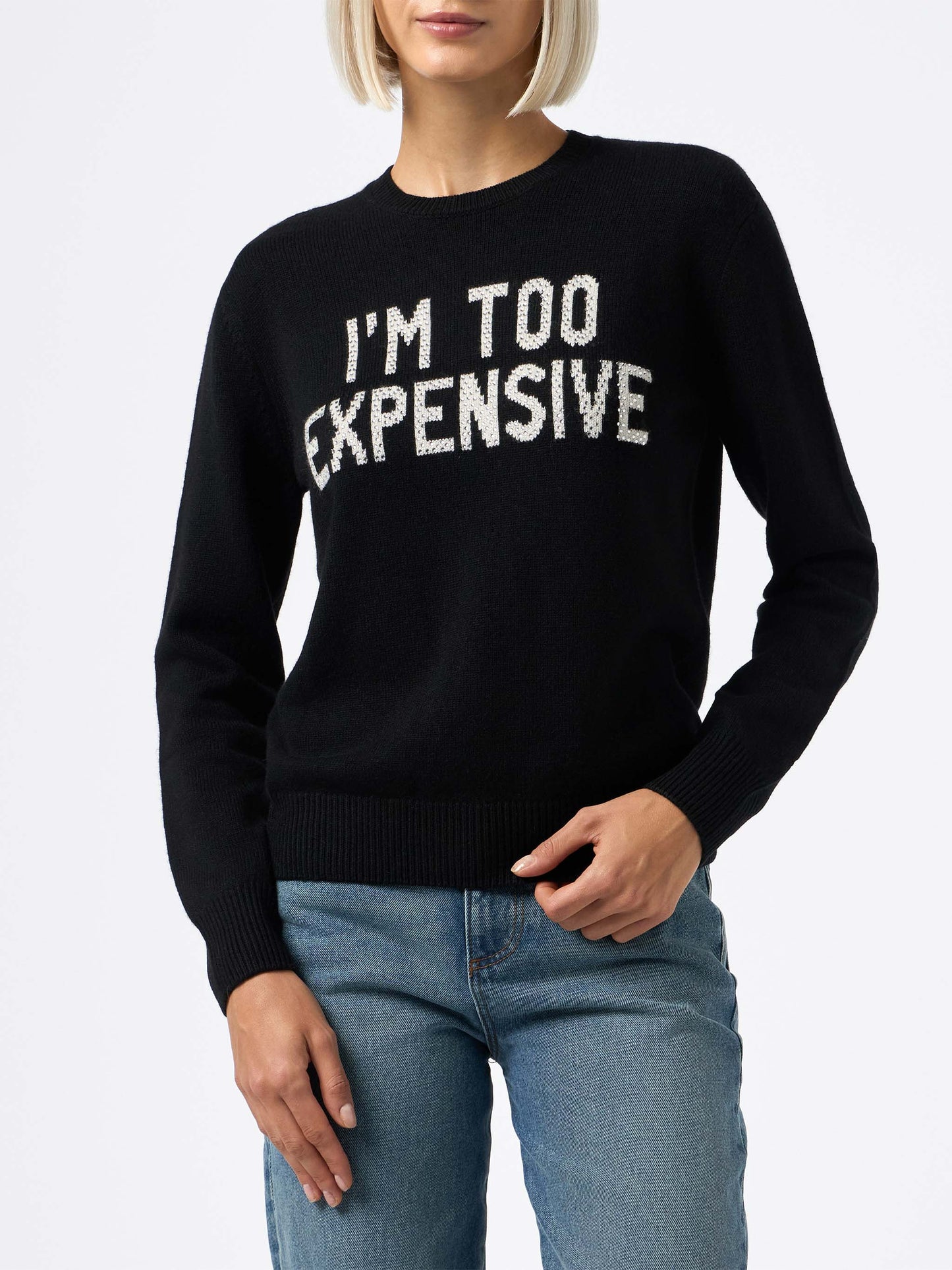 Woman black sweater New Queen with I'm too expensive jacquard with rhinestones