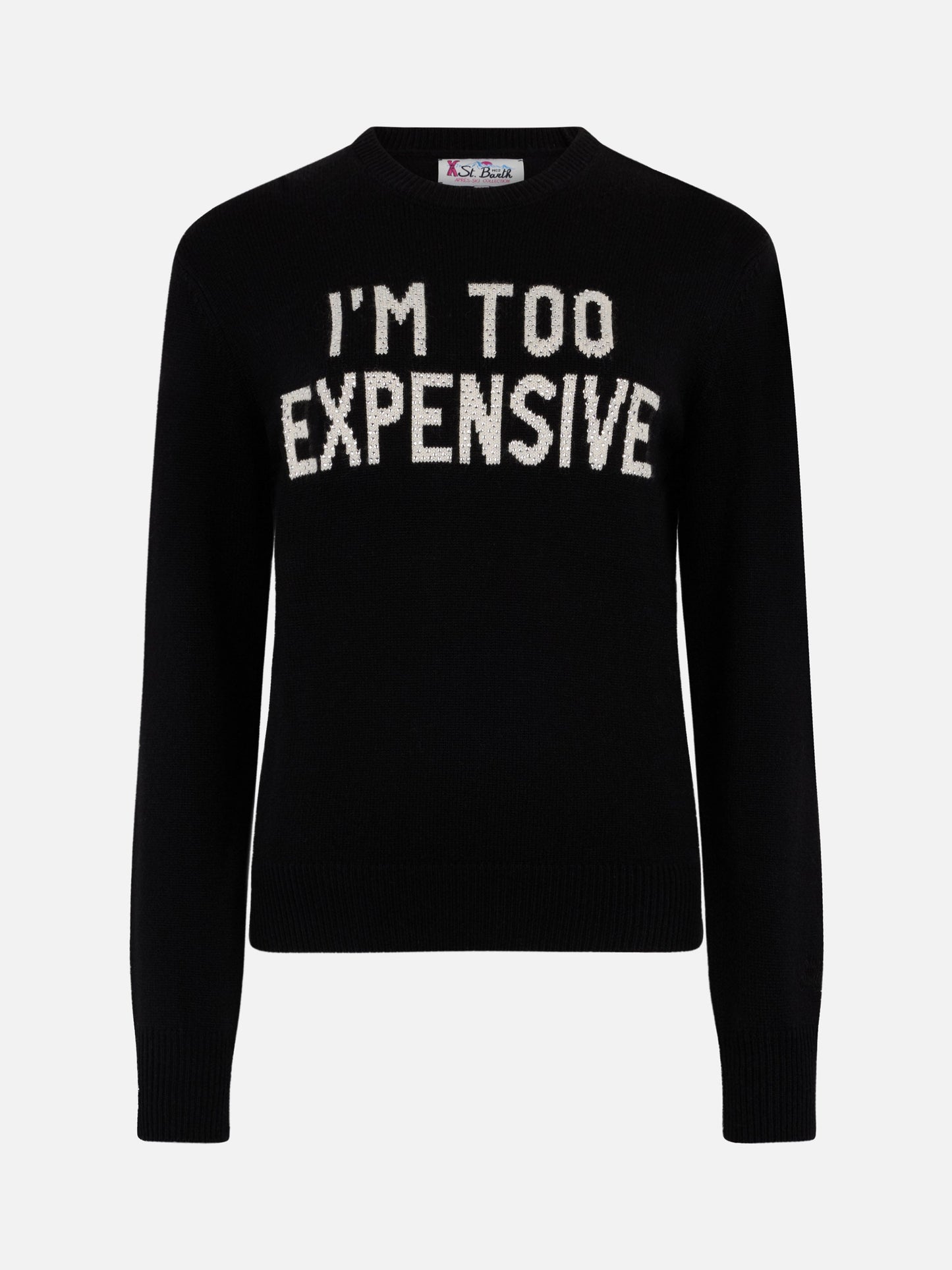 Woman black sweater New Queen with I'm too expensive jacquard with rhinestones
