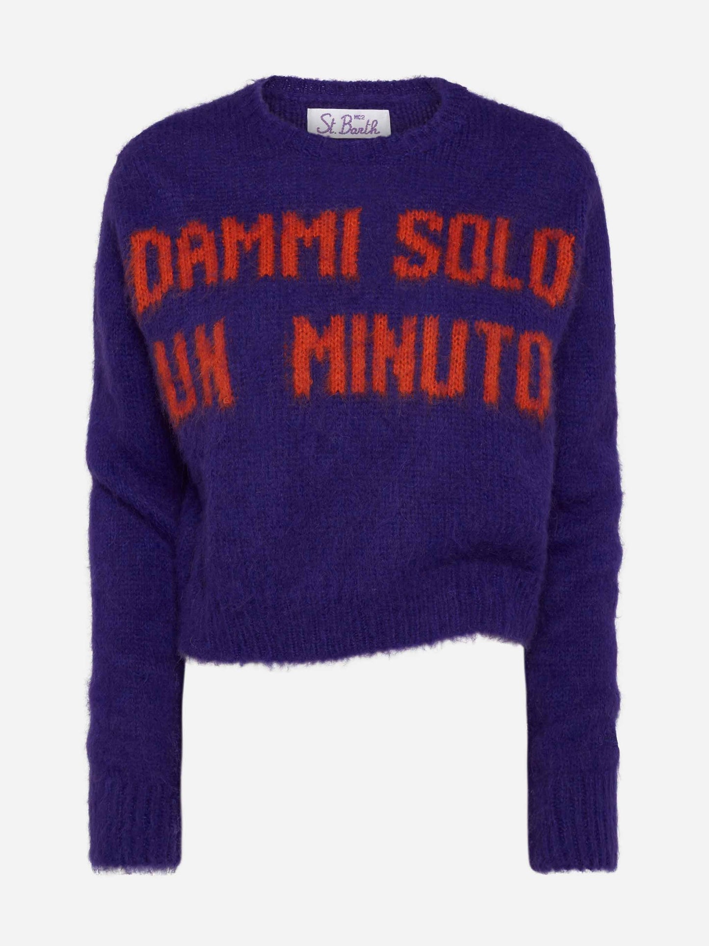 Woman crewneck soft crop sweater with Dammi solo un minuto embroidery