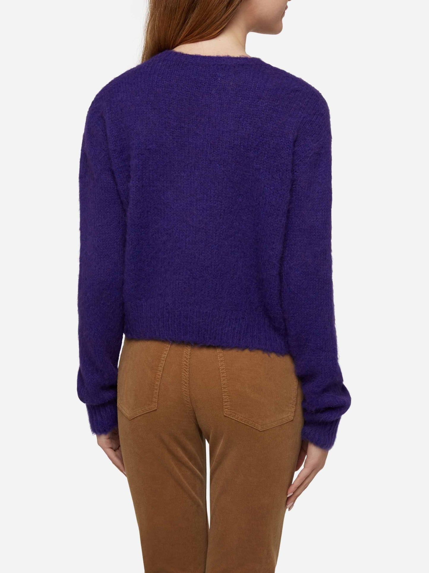Woman crewneck soft crop sweater with Dammi solo un minuto embroidery