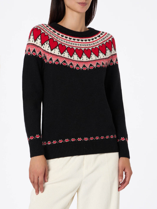 Woman black sweater New Queen with fair isle hearts jacquard