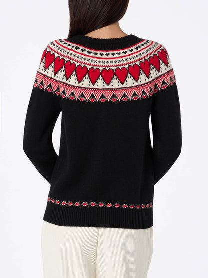 Woman black sweater New Queen with fair isle hearts jacquard