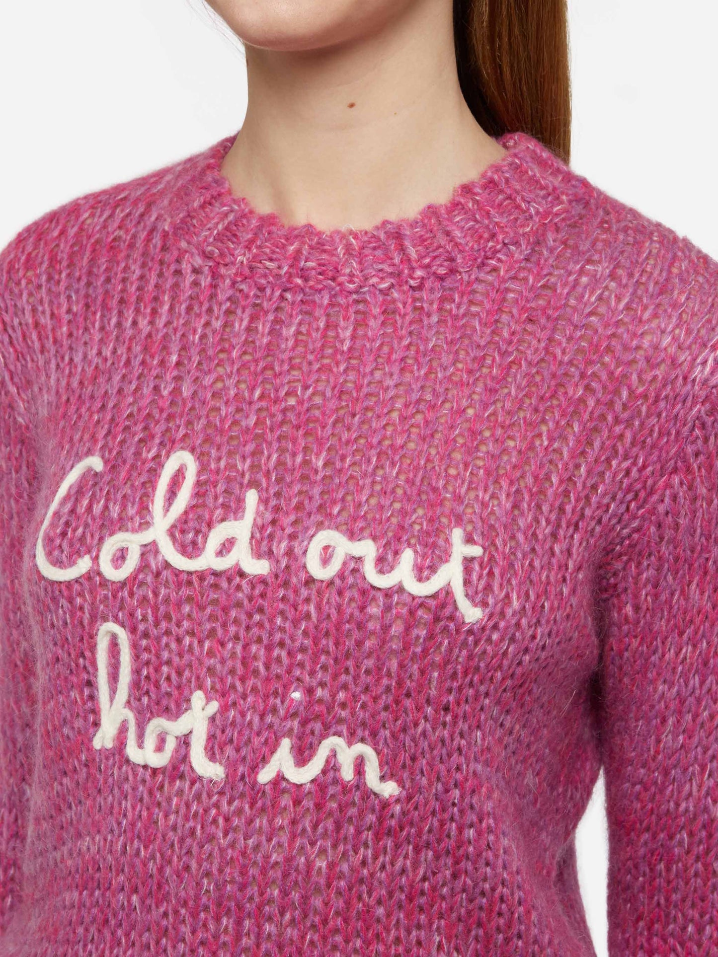 Woman crewneck soft sweater with Cold Out Hot In embroidery