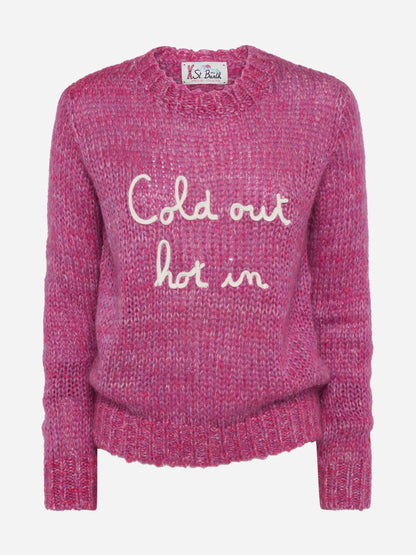 Woman crewneck soft sweater with Cold Out Hot In embroidery