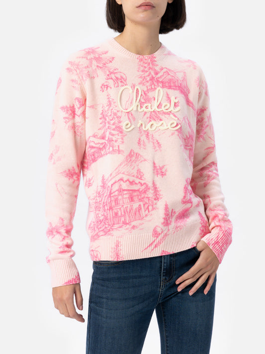 Woman pink sweater New Queen with toile de jouy print and Chalet e Rosè embroidery