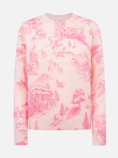 Woman pink sweater New Queen with toile de jouy print and Chalet e Rosè embroidery