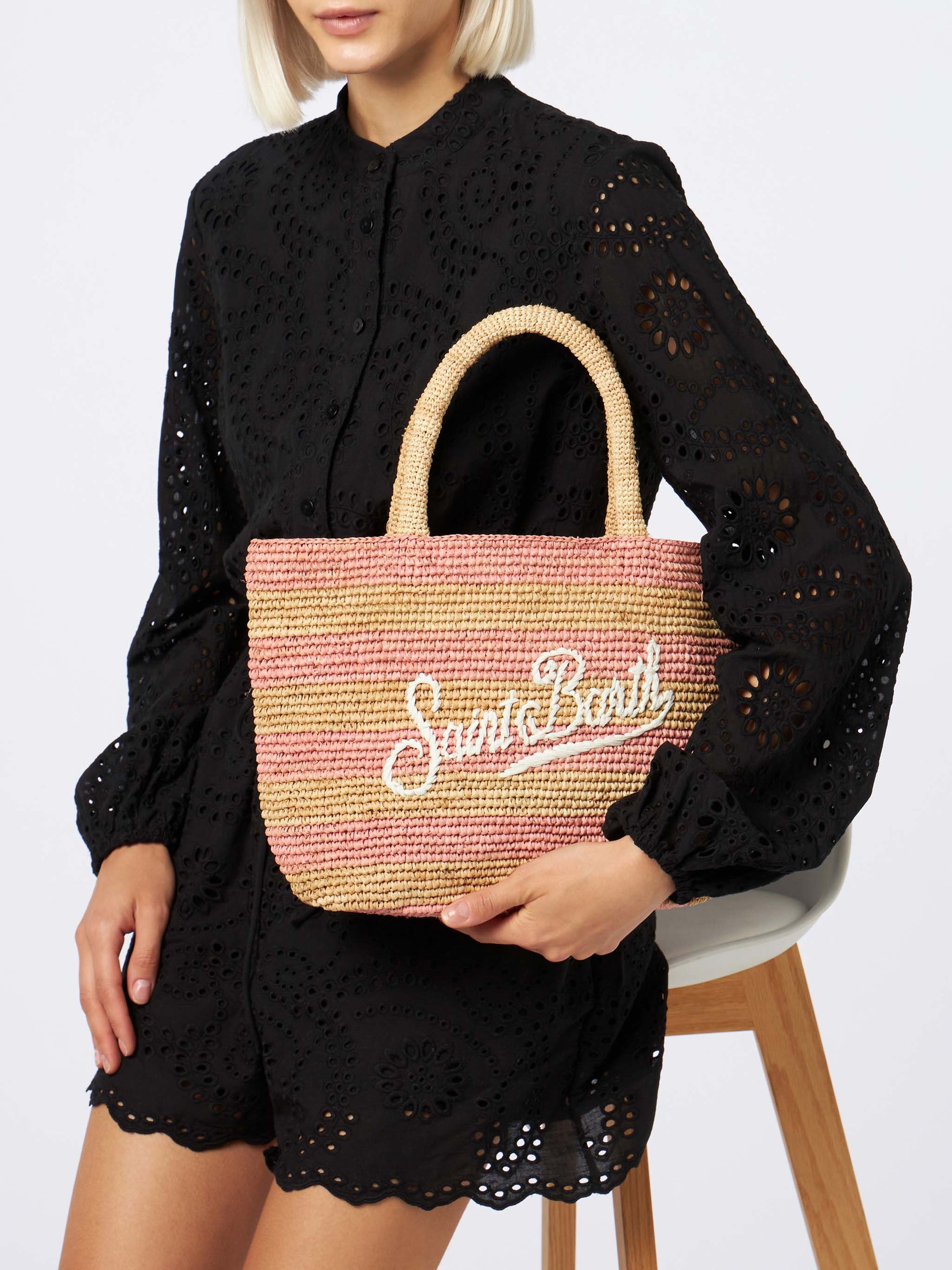 Pink striped Raffia Beach midi bag with cotton pouch - MC2 Saint Barth