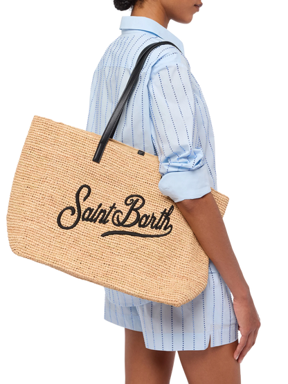 Beige Raffia City bag with Saint Barth embroidered logo - MC2 Saint Barth