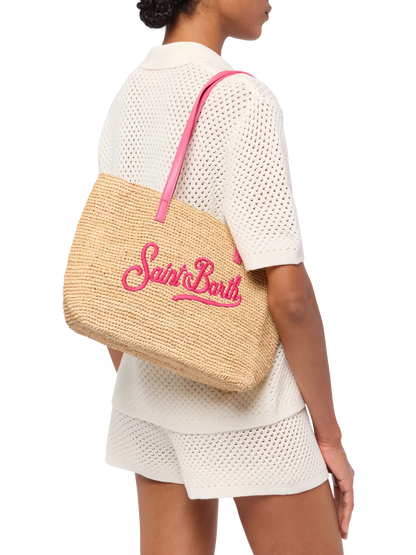 Beige Raffia City Mid bag with Saint Barth embroidered logo - MC2 Saint Barth