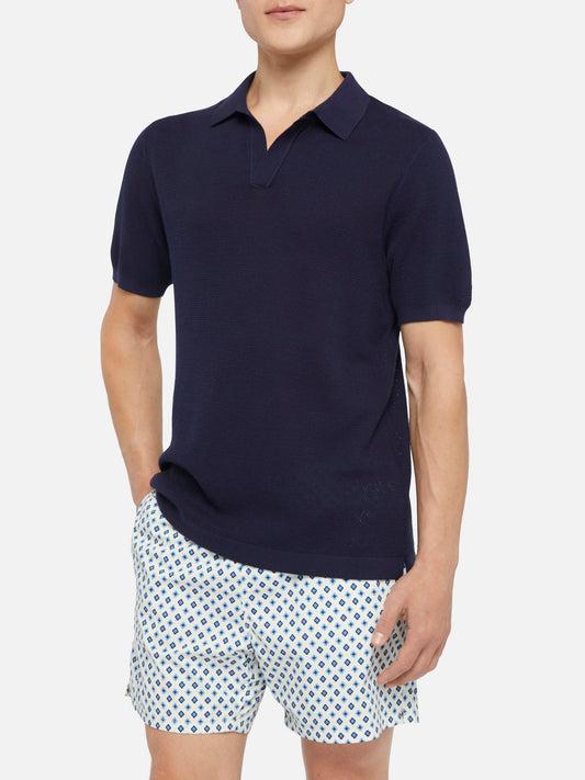 Sloan navy blue mesh buttonless knitted polo shirt