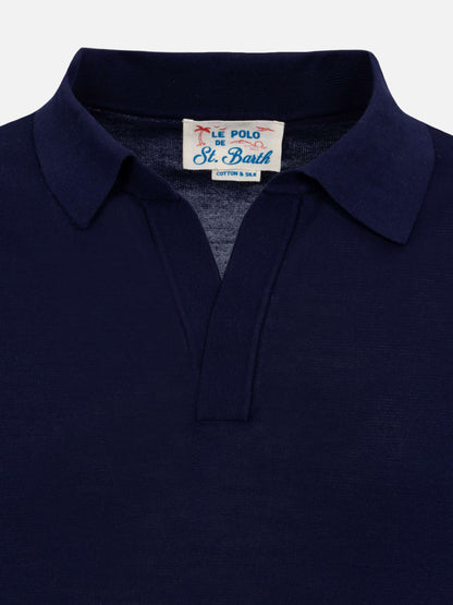 Sloan navy blue silk cotton knitted polo shirt