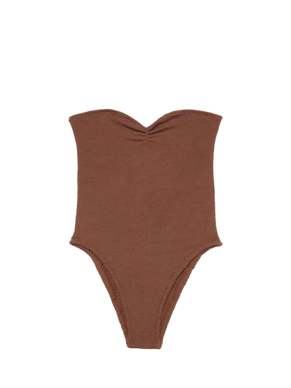 Soleil brown crinkle strapless one-piece swimsuit