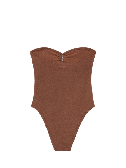 Soleil brown crinkle strapless one-piece swimsuit