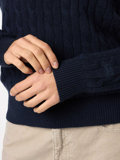 Woman cashmere blend cable knit navy blue sweater Sorbonne