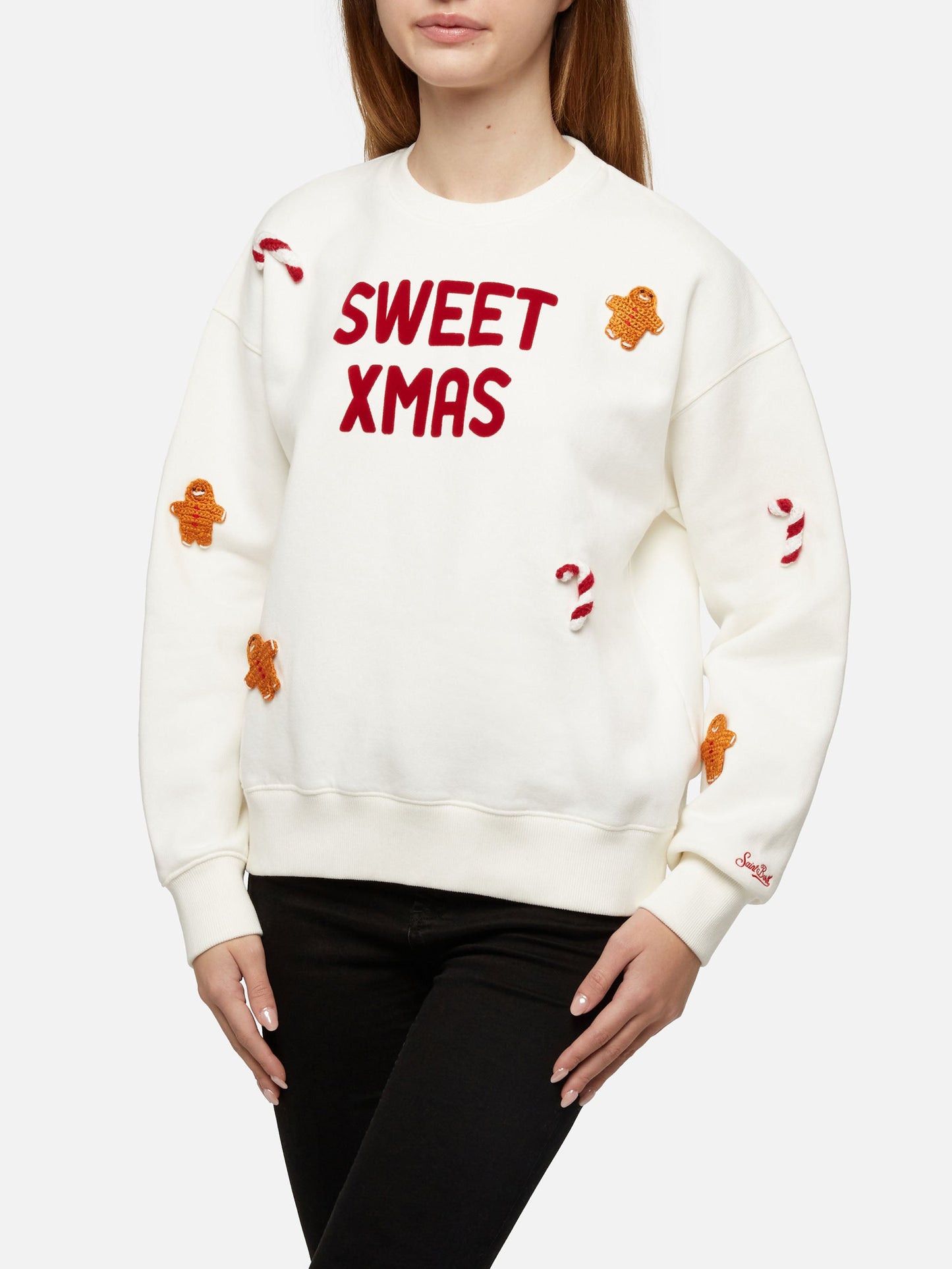 Woman fleeced cotton sweatshirt Stardust with ginger cane patches