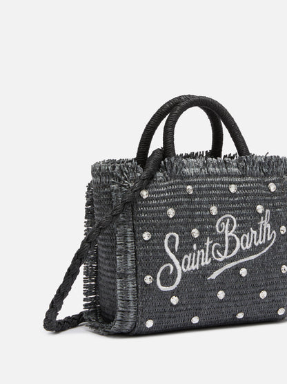 Black Mini Vanity Straw bag with rhinestone embellishment - MC2 Saint Barth
