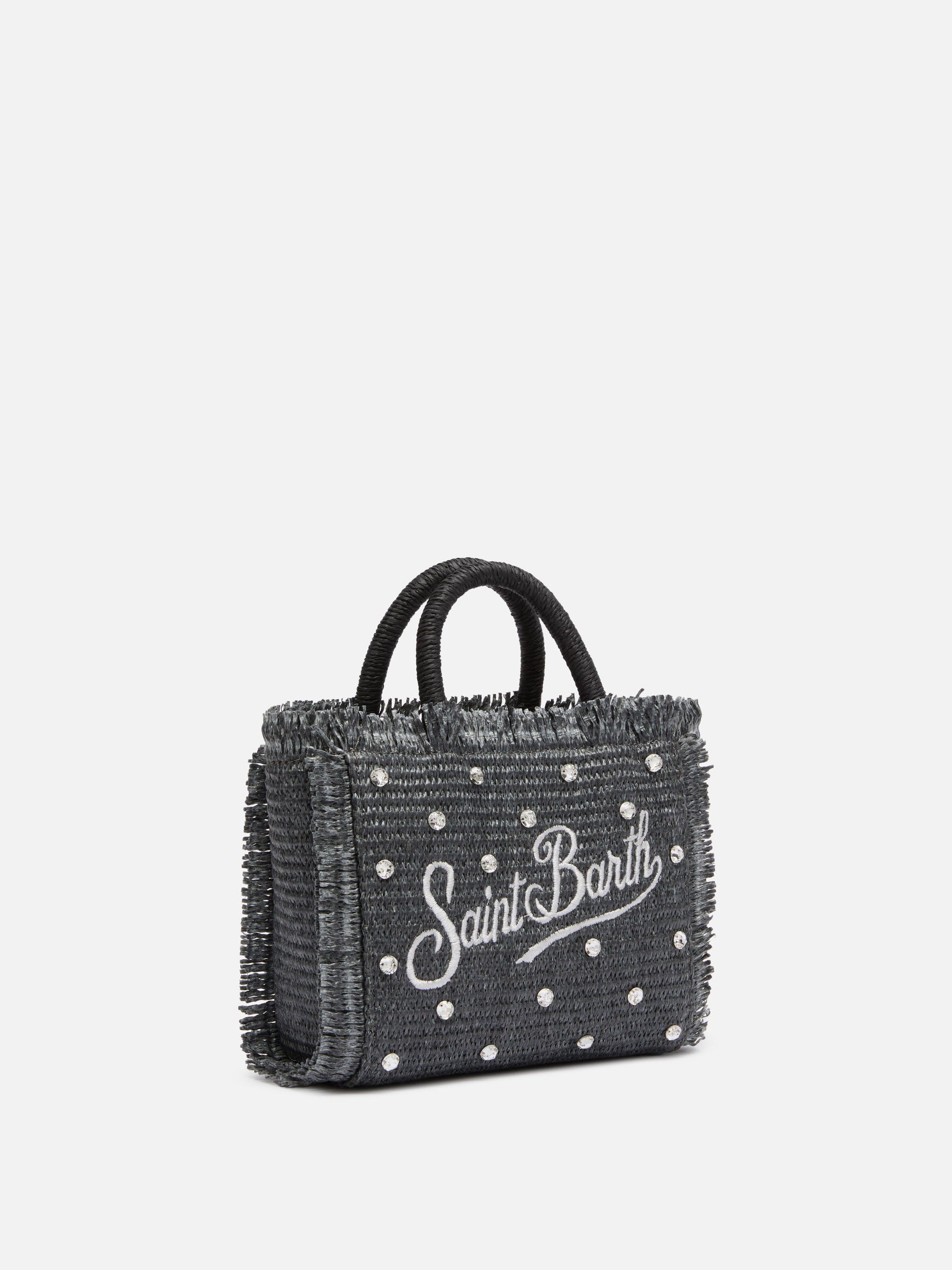 Black Mini Vanity Straw bag with rhinestone embellishment - MC2 Saint Barth