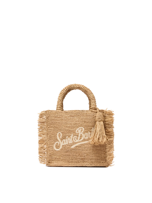 Mini Vanity Raffia Fringes bag with Saint Barth embroidery