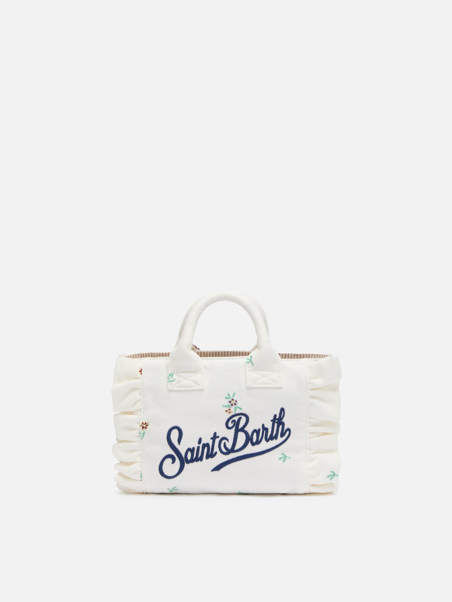 Mini Vanity Volant bag in denim with flower embroidery