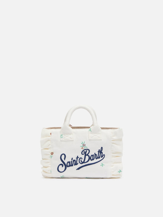 Mini Vanity Volant bag in denim with flower embroidery