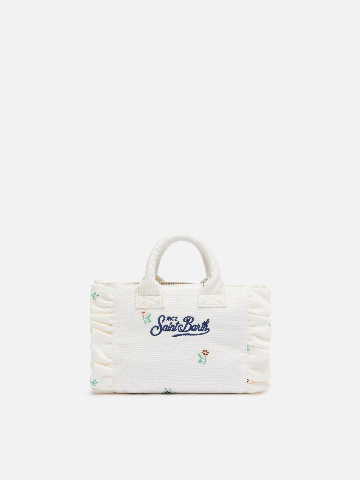 Mini Vanity Volant bag in denim with flower embroidery