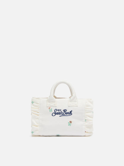 Mini Vanity Volant bag in denim with flower embroidery