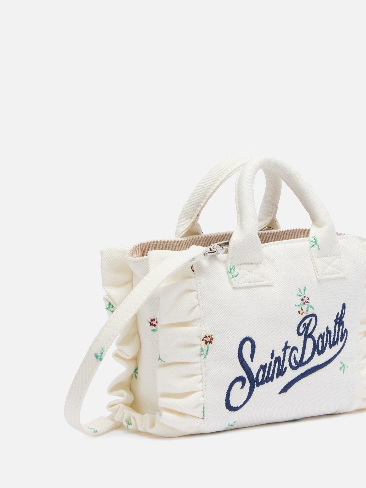 Mini Vanity Volant bag in denim with flower embroidery
