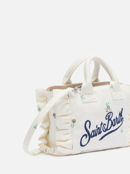 Mini Vanity Volant bag in denim with flower embroidery