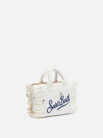 Mini Vanity Volant bag in denim with flower embroidery
