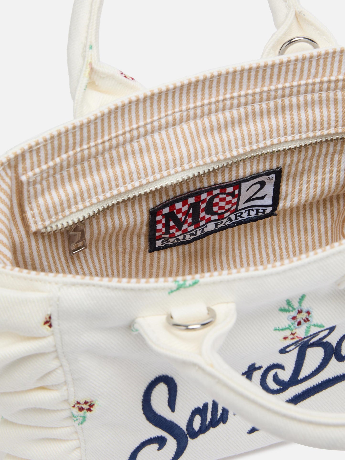 Mini Vanity Volant bag in denim with flower embroidery