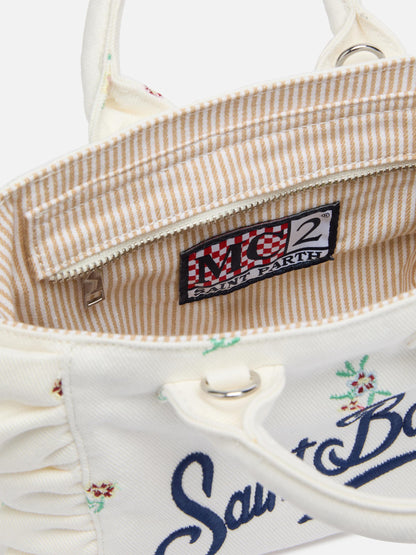 Mini Vanity Volant bag in denim with flower embroidery