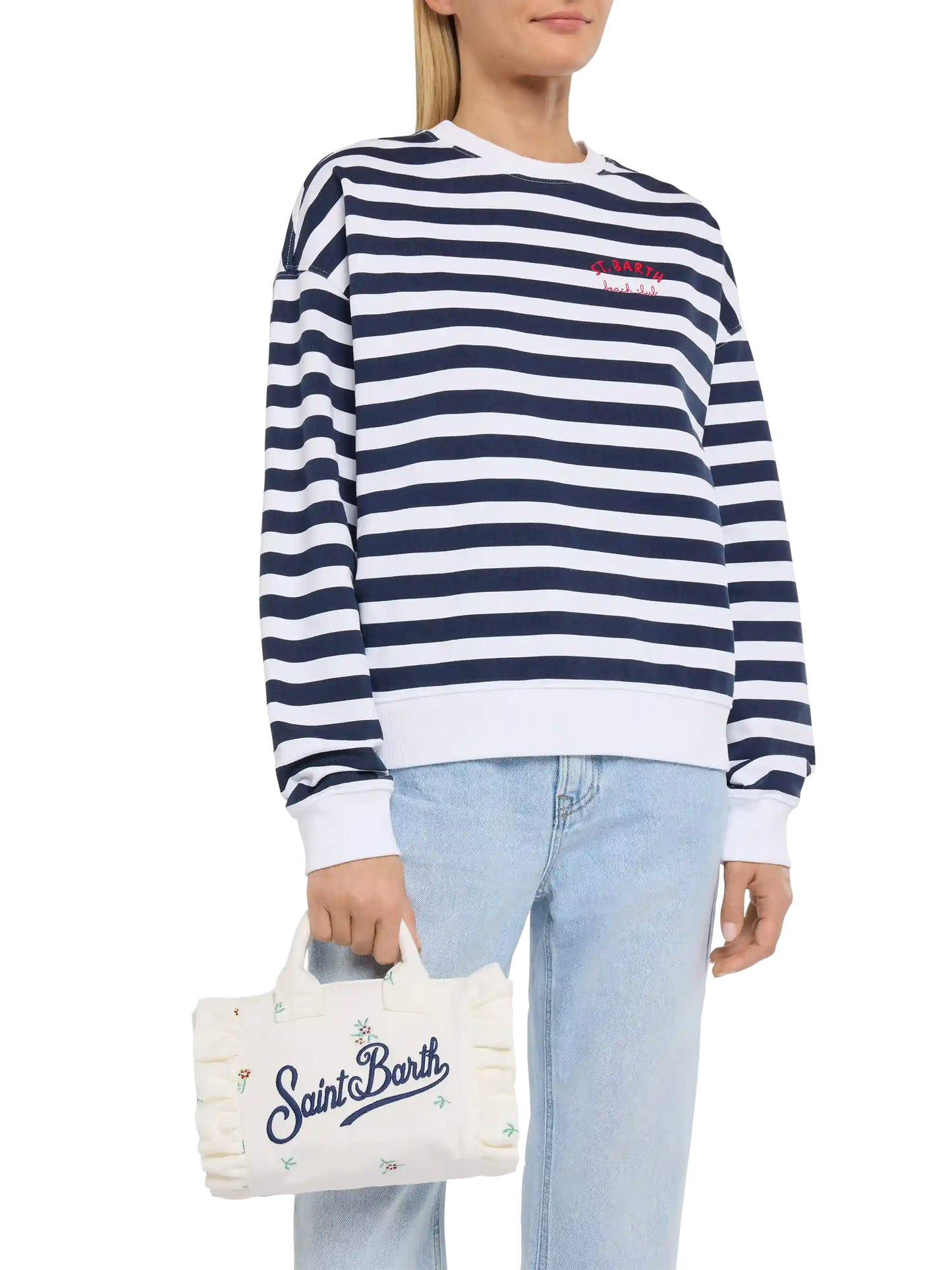 Mini Vanity Volant bag in denim with flower embroidery