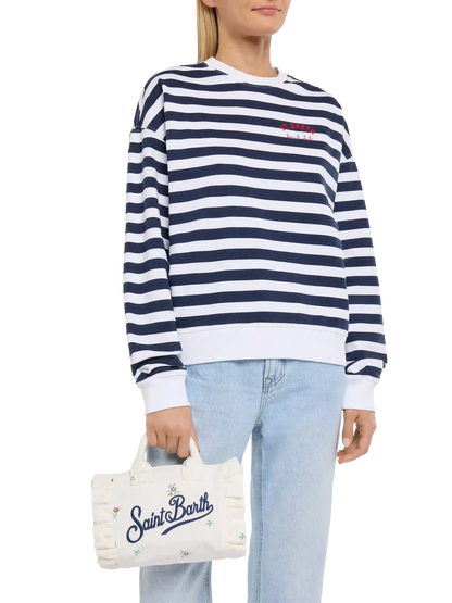 Mini Vanity Volant bag in denim with flower embroidery