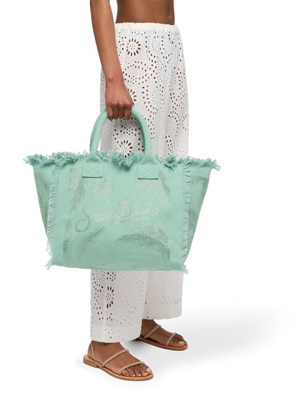 Sage green cotton canvas Vanity tote bag with palm rhinestone embellishment