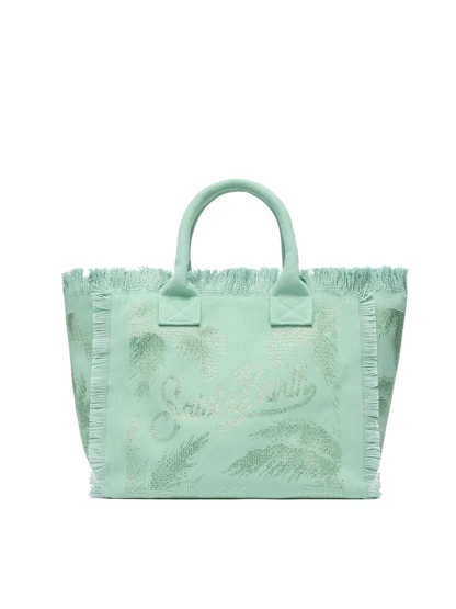 Sage green cotton canvas Vanity tote bag with palm rhinestone embellishment