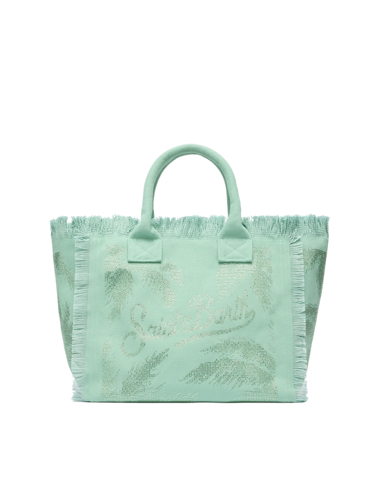 Sage green cotton canvas Vanity tote bag with palm rhinestone embellishment - MC2 Saint Barth
