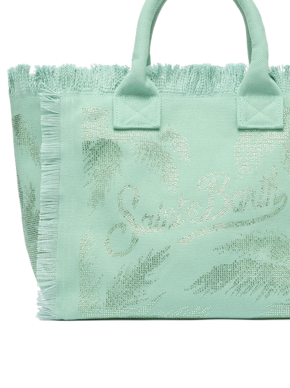 Sage green cotton canvas Vanity tote bag with palm rhinestone embellishment