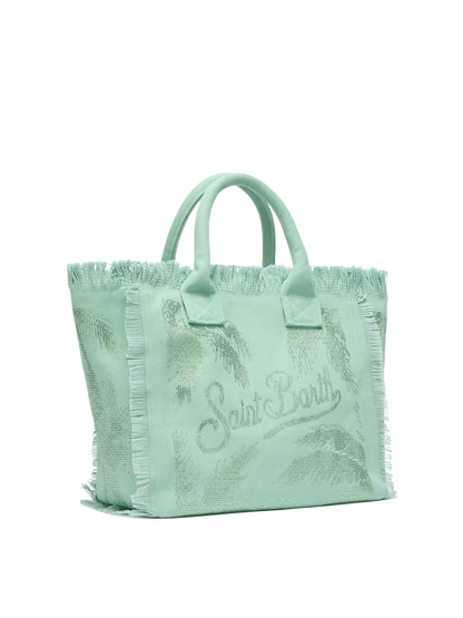 Sage green cotton canvas Vanity tote bag with palm rhinestone embellishment