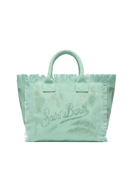 Sage green cotton canvas Vanity tote bag with palm rhinestone embellishment