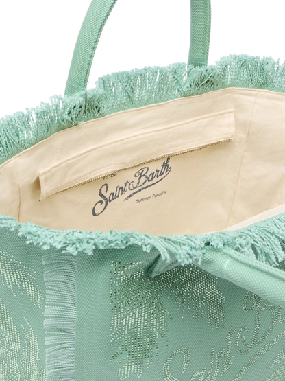 Sage green cotton canvas Vanity tote bag with palm rhinestone embellishment