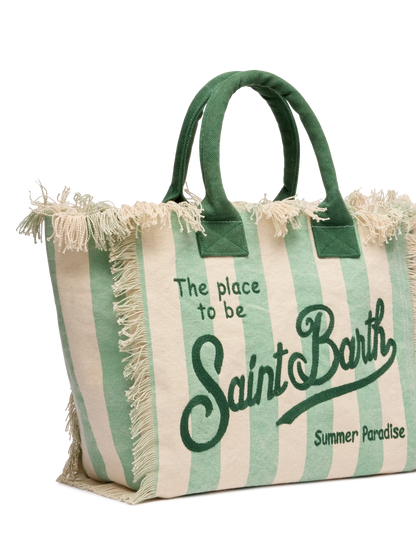 Cotton canvas Vanity tote bag with sage green striped print - MC2 Saint Barth
