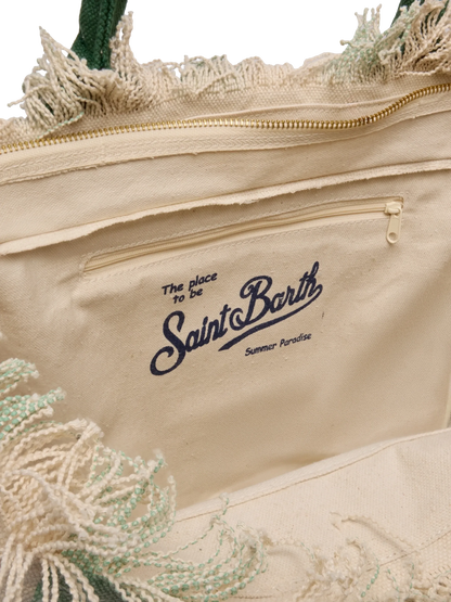 Cotton canvas Vanity tote bag with sage green striped print - MC2 Saint Barth
