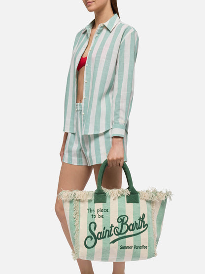 Borsa a spalla Vanity in canvas di cotone con stampa a righe verde salvia